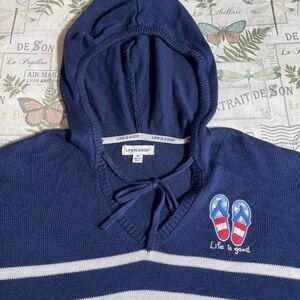 Life Is Good Navy‎ and White Striped hooded shirt sweater medium oversized